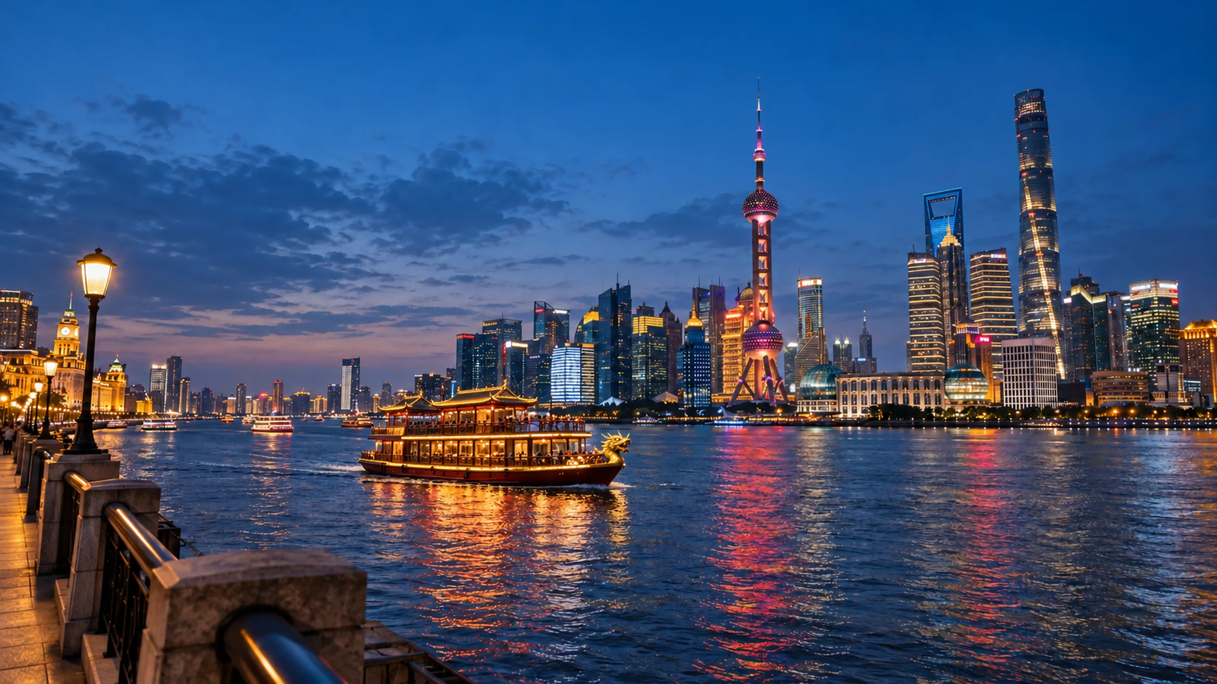 The Bund and Lujiazui skyline in Shanghai at blue hour
