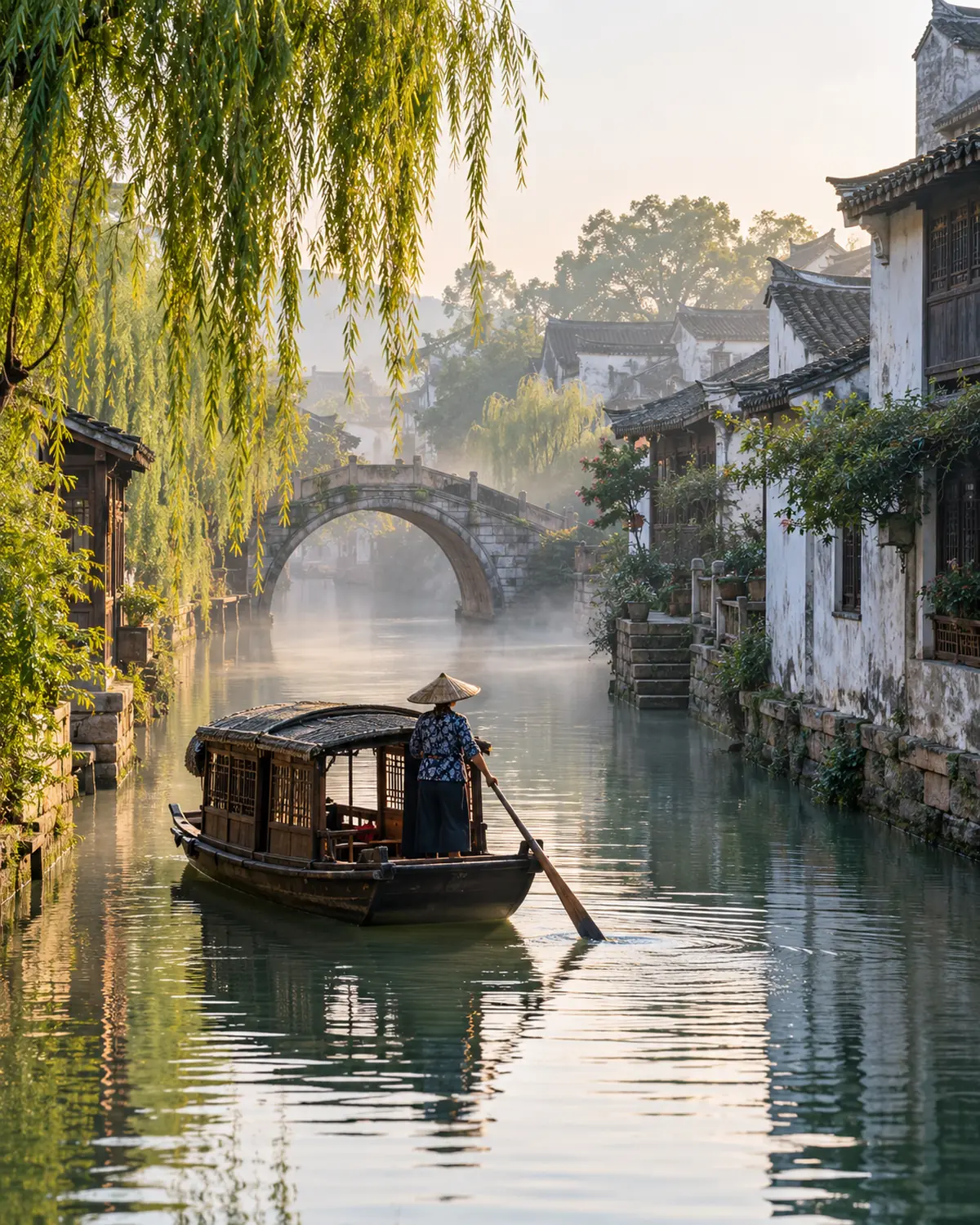 A Jiangnan water town canal in the mist