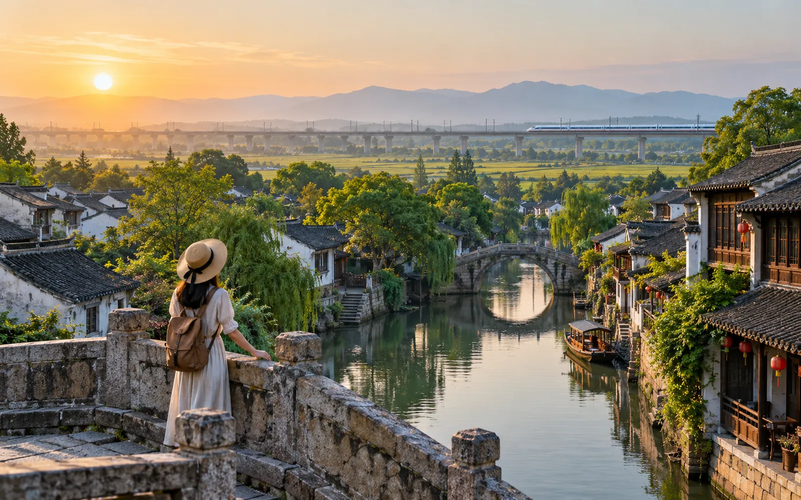 Jiangnan water town and bullet train
